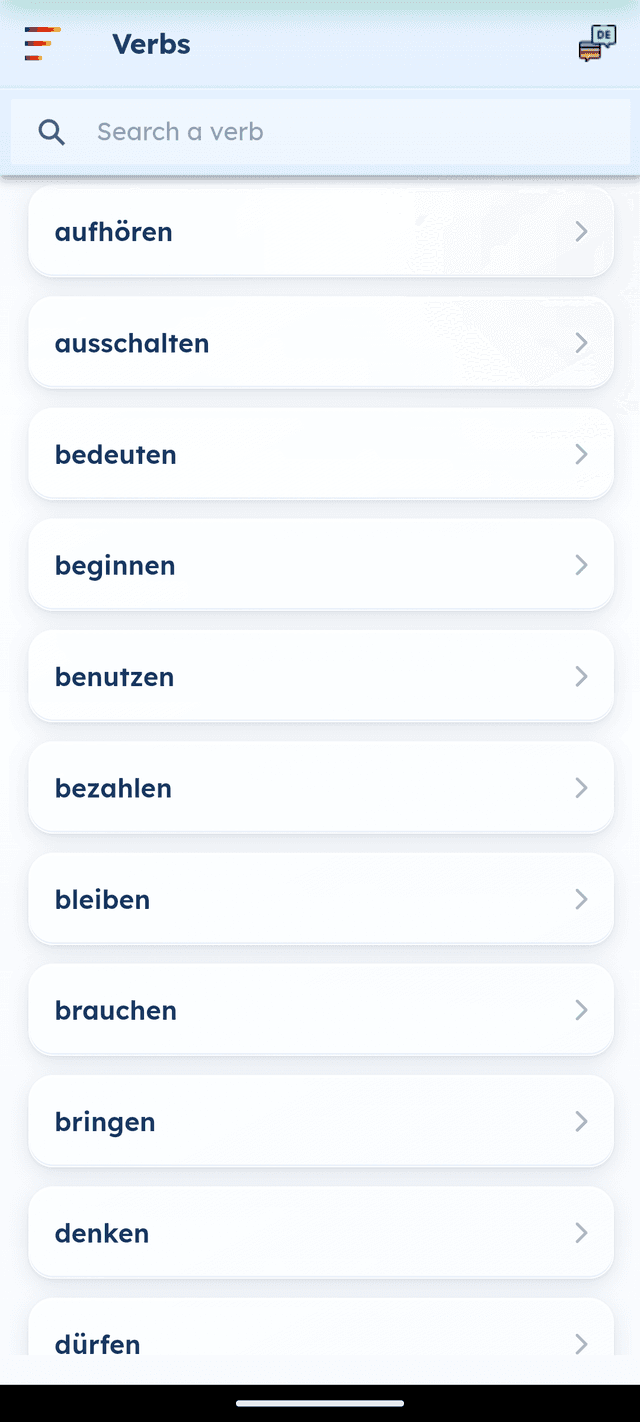 GermanVault free German learning app — verb conjugation screen on Android