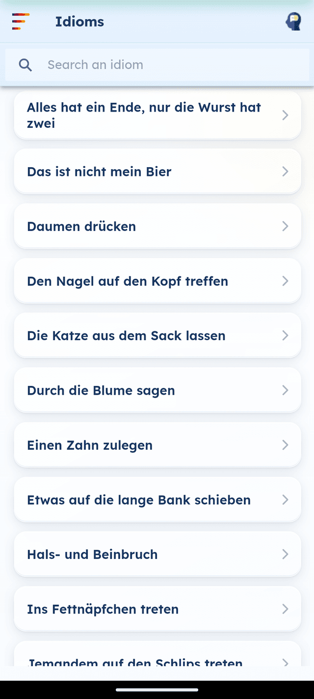 GermanVault German idioms list with search bar