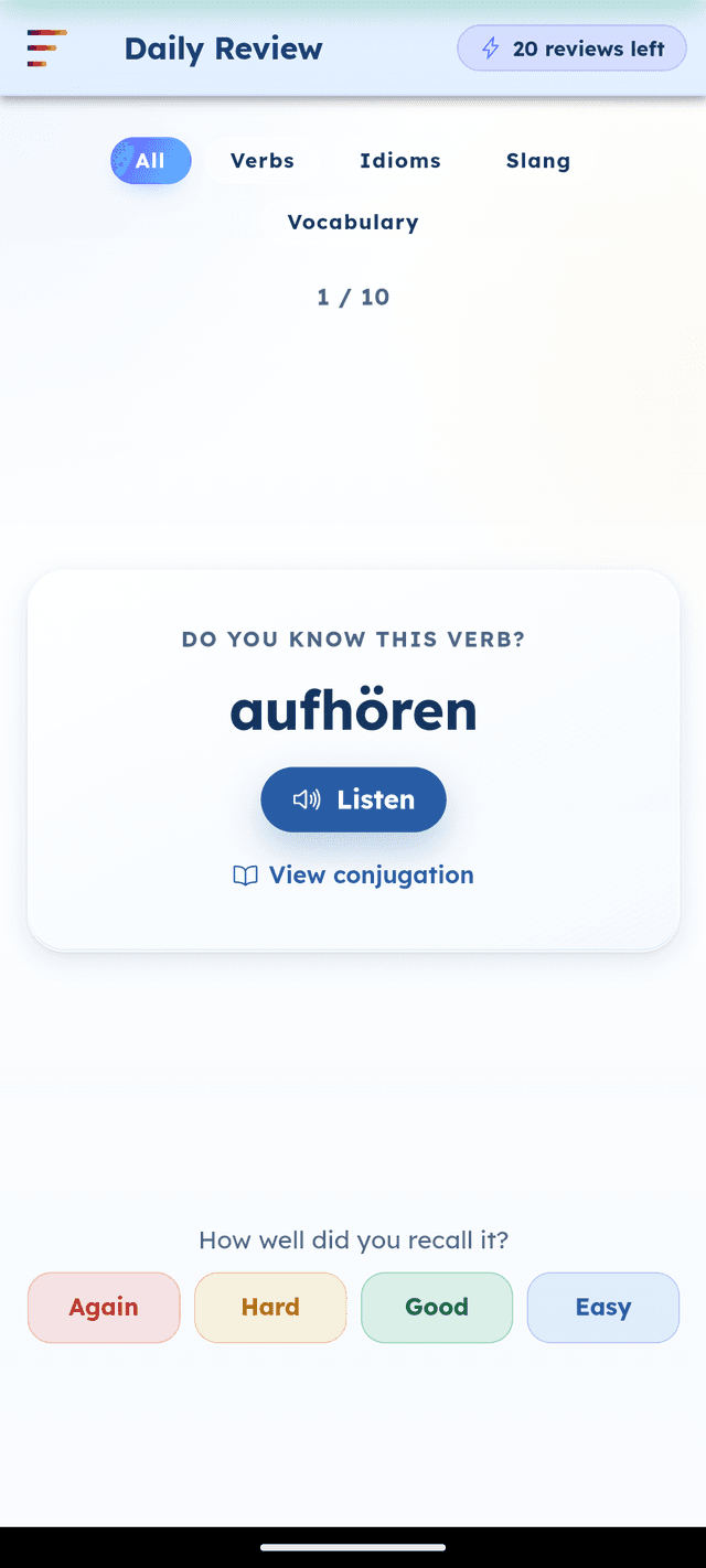 GermanVault daily review flashcard with spaced repetition rating buttons