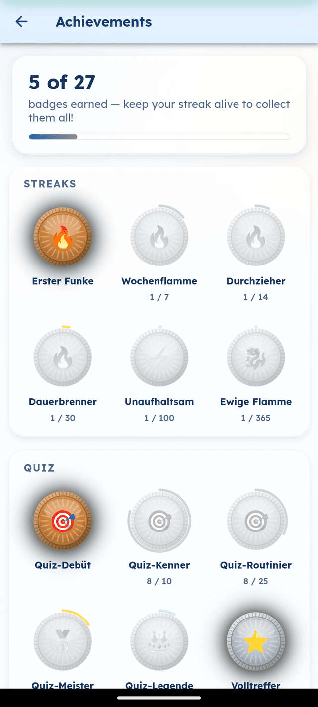 GermanVault achievements gallery showing streak and quiz badges