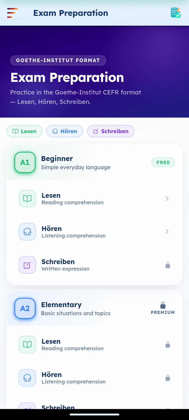 GermanVault exam preparation screen showing A1, A2 and B1 levels