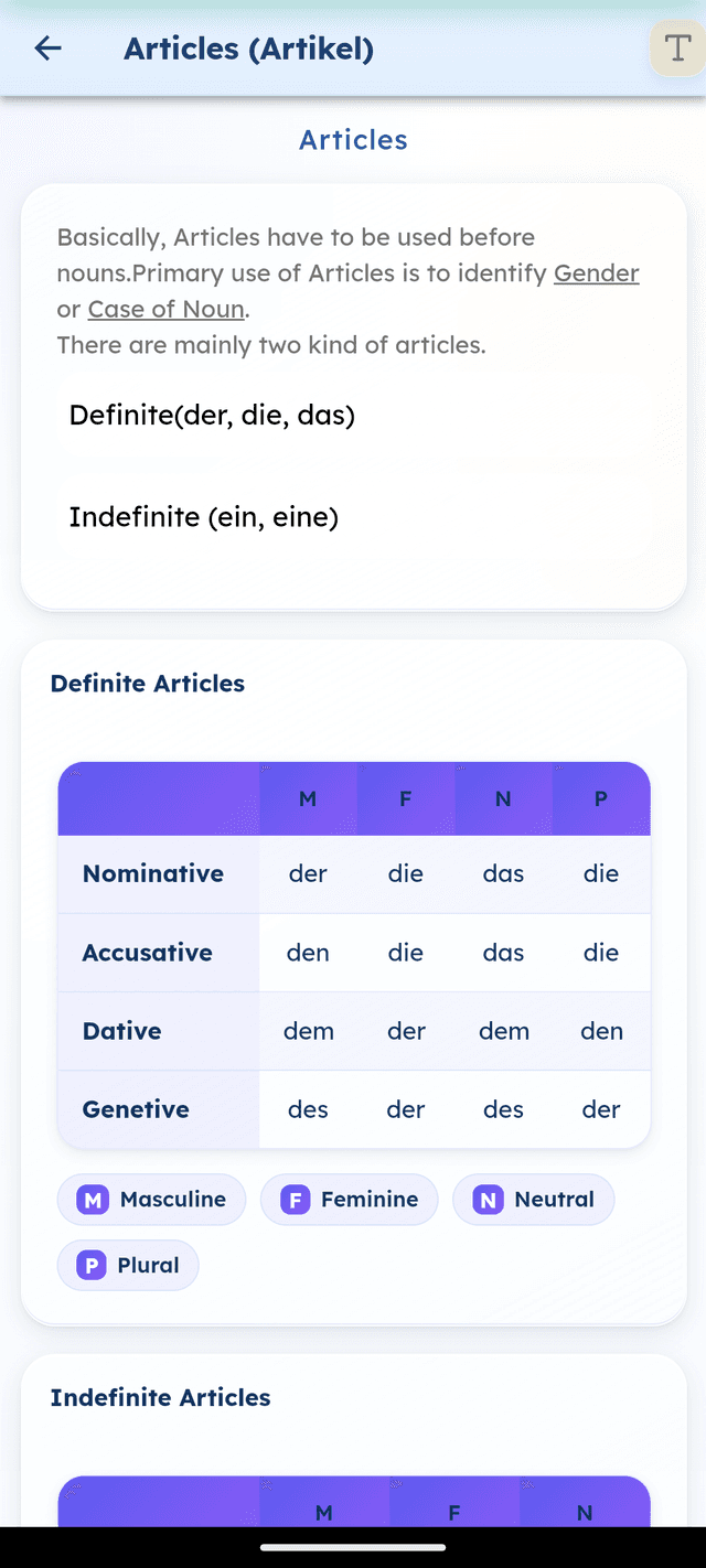 Articles declension table