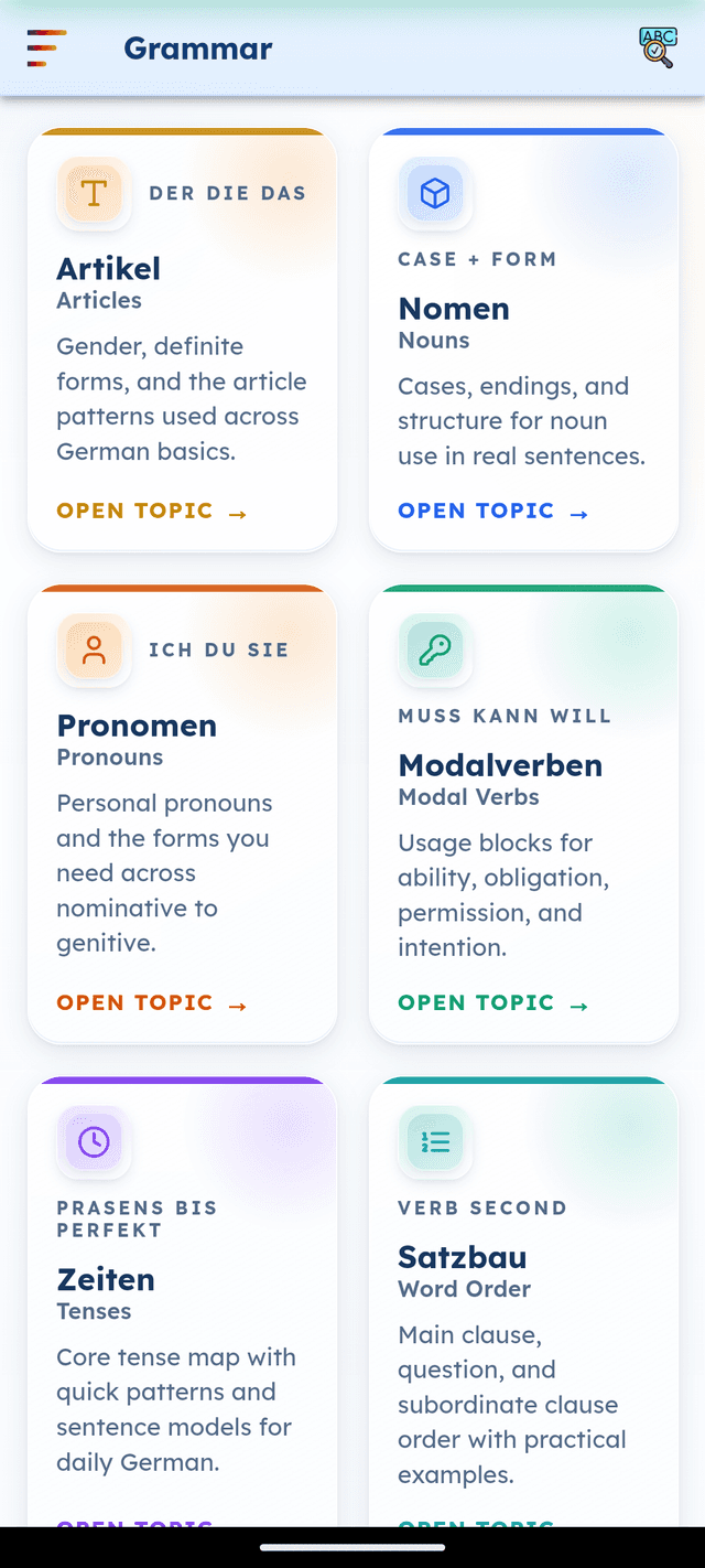 GermanVault German grammar hub showing all topics