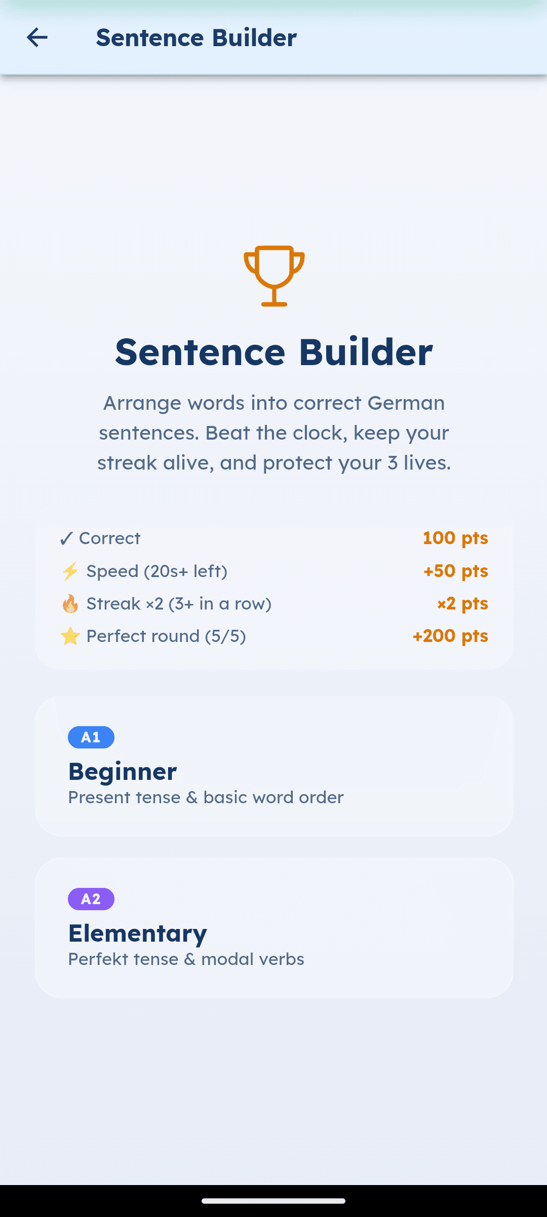 Satzbau-Spiel level-select screen showing A1 and A2 options with scoring breakdown