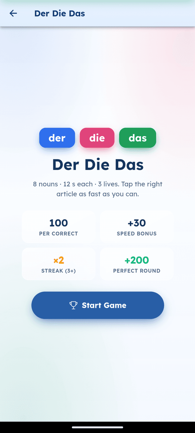 GermanVault Der Die Das game start screen