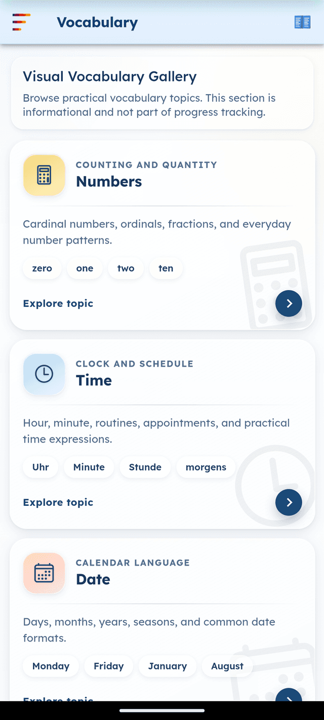 GermanVault German vocabulary screen